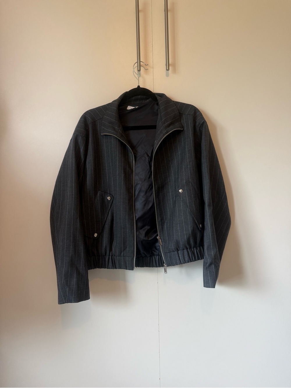 Women’s  Pinstripe Zip-Front Bomber Jacket - Navy, M